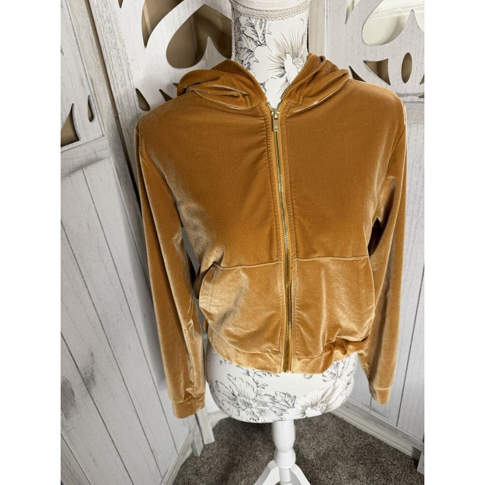 Fabletics Hoodie Womens Full Zip Gold Velvet Cropped Long Sleeve Sz XS